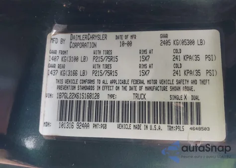 2001 Dodge Dakota Slt/Sport from USA, damaged, VIN 1B7GL22X61S168128